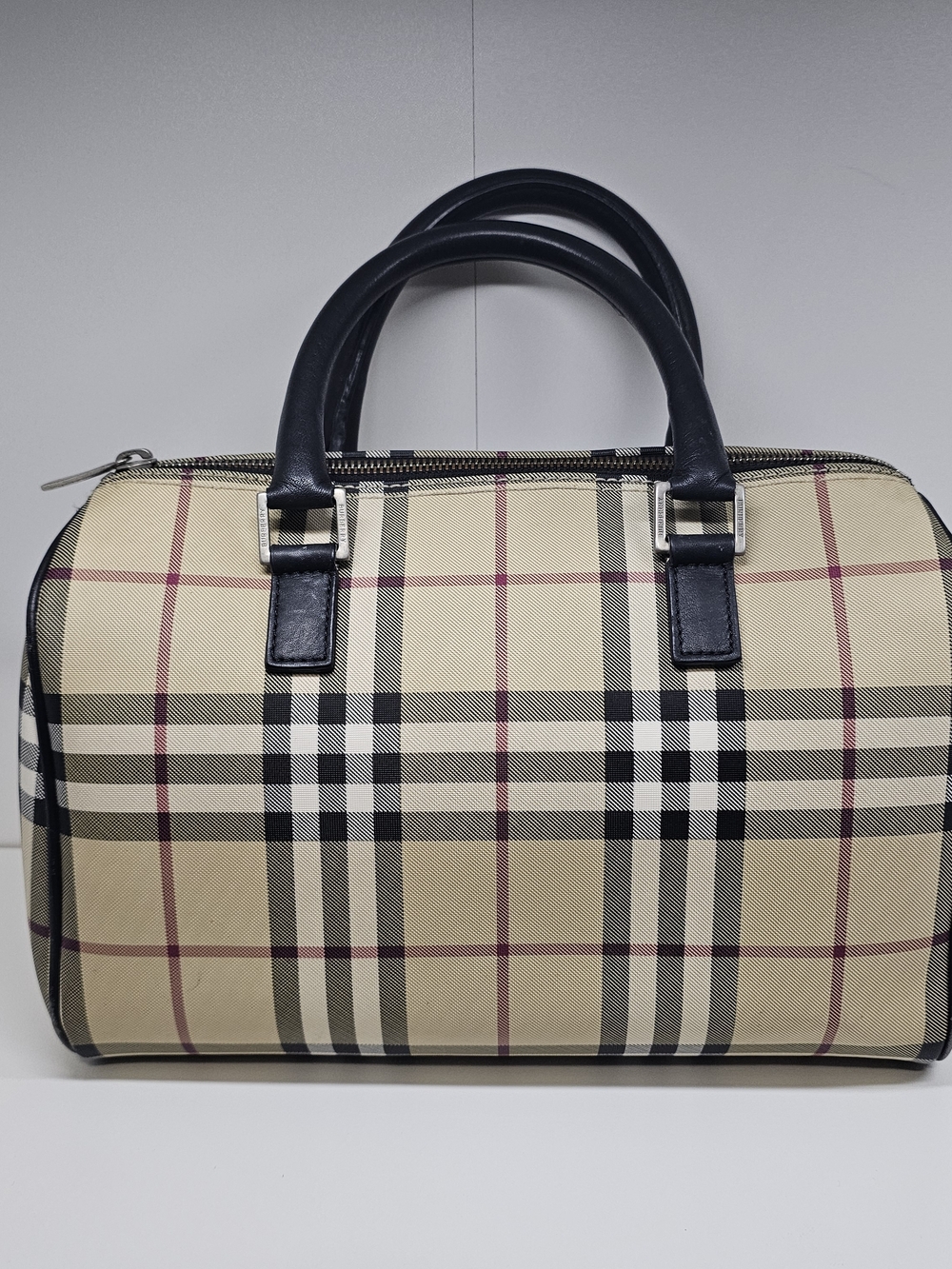 Burberry Beige Plaid Satchel with Black Trim